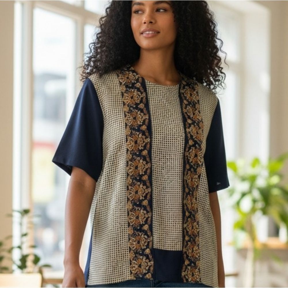 Vintage Floating Layers High Low Houndstooth and Brown Florals Blouse